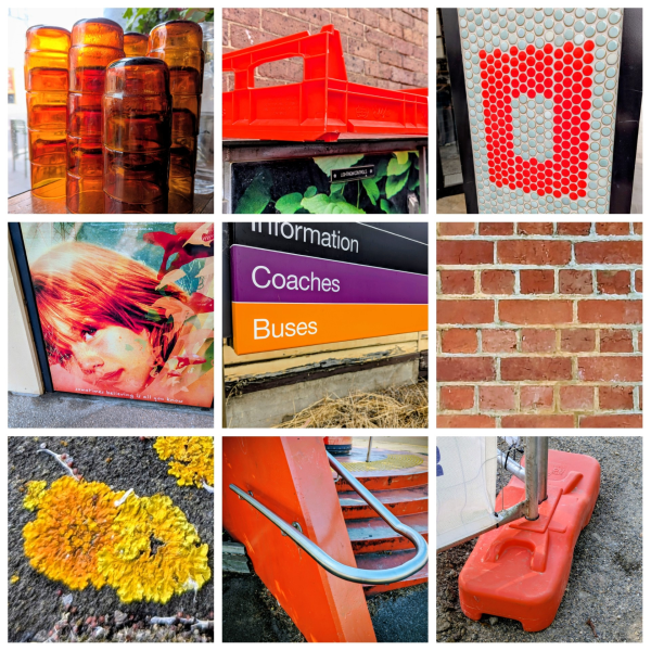 A grid of photographs showing bright colours in everyday objects.