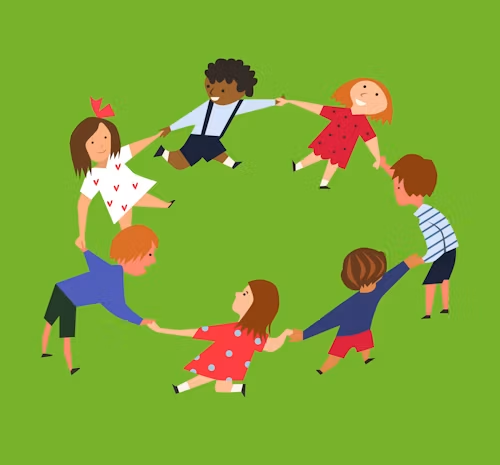 Illustration of children playing together in a circle on green grass.
