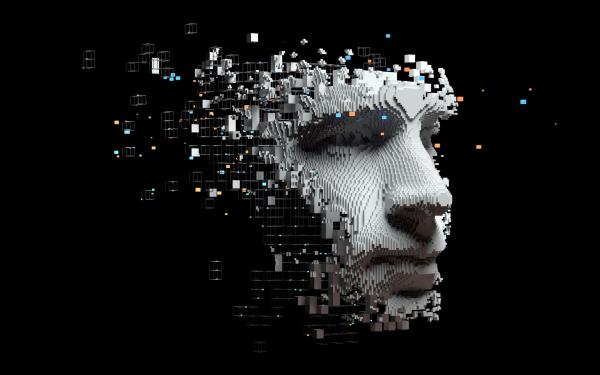 A digital face dissolving into small blocks against a black background.
