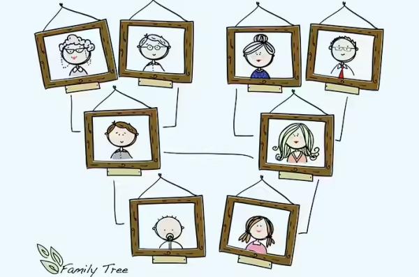 A hand-drawn family tree linking framed portraits across generations.