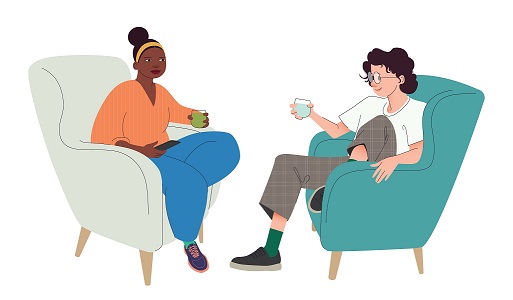 Illustration of two people sitting in armchairs and chatting over drinks.