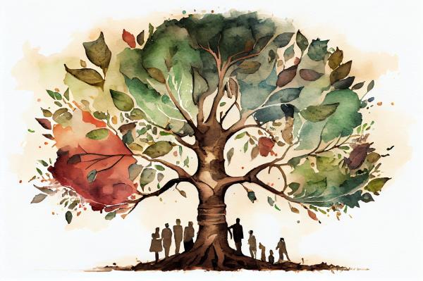 A family-tree illustration with small figures beneath a spreading tree.