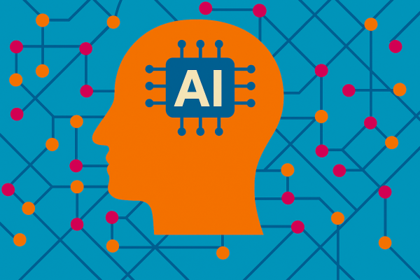 An illustrated head silhouette with an AI chip and a network of connections.