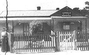 A historical black-and-white photograph of the Leopold Post Office.