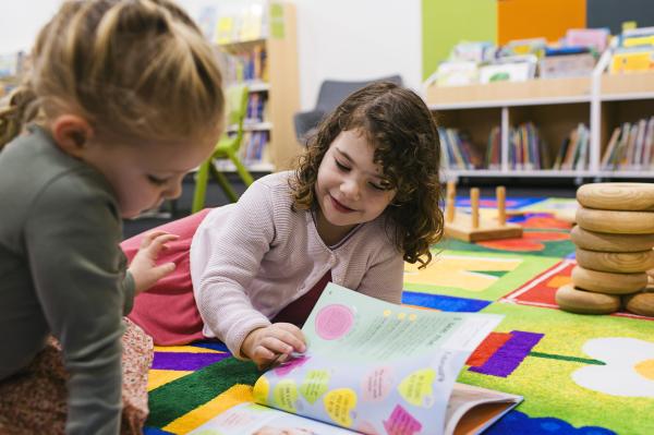 Two young children sharing a picture book on a library mat.