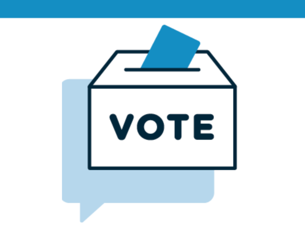Voting information graphic with a ballot paper and ballot box