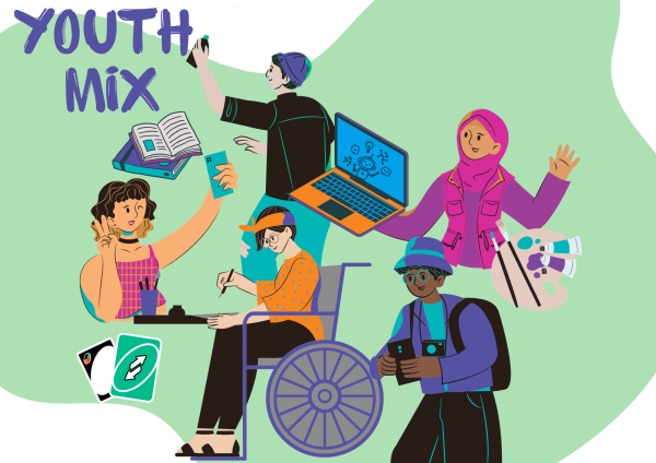 Youth Mix illustration showing young people enjoying games, technology and creative activities.