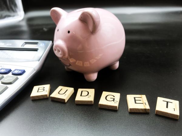 A pink piggy bank and calculator beside tiles spelling budget.