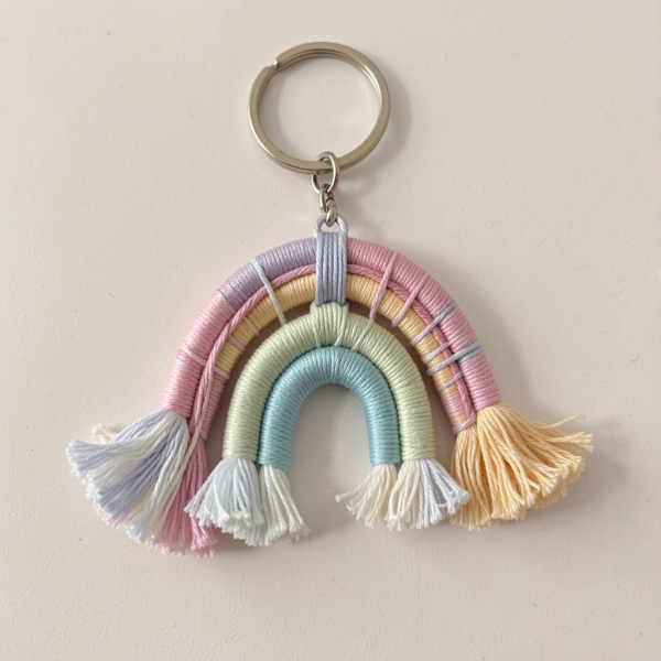 A pastel rainbow keyring made from wrapped cord with tassel ends.